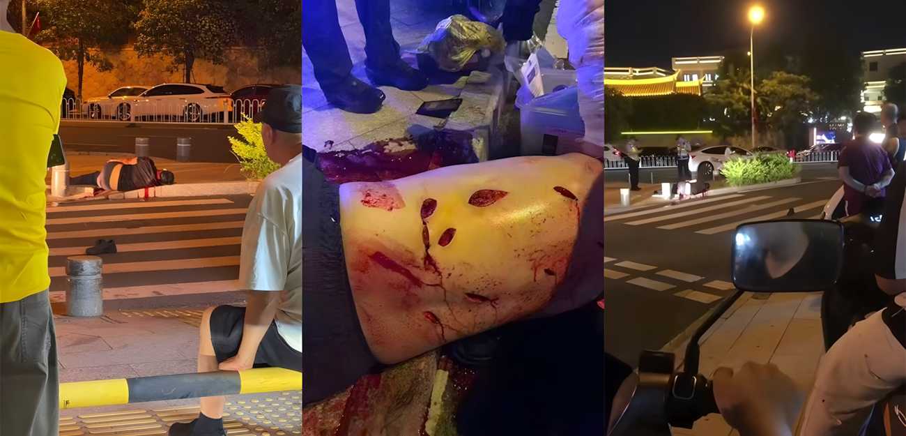 福建石狮八卦街醉汉驾车撞人 并且持刀捅刺现场血迹斑斑 给人捅成蜂窝眼了